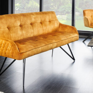 Design bank EUPHORIA 160cm mosterdgeel fluweel retrostijl decoratief quilten haarspeldpoten metalen poten armleuningen - 43128