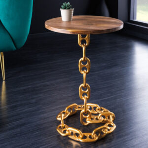 Design bijzettafel CHAINS 40cm goud mangohout handgemaakt metalen rond kettingframe - 42233