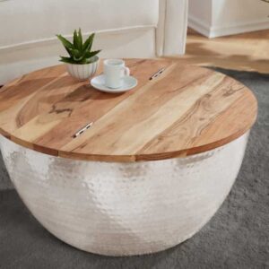 Ronde salontafel ORIENT STORAGE 60cm zilver acaciahout met opbergruimte handgemaakt gehamerd - 40109