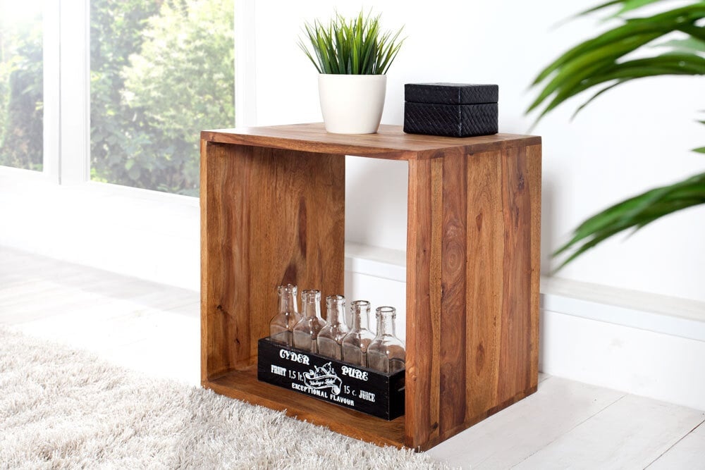 Handgemaakte bijzettafel MAKASSAR 45cm Plank met sheesham steenafwerking massief hout - 35862