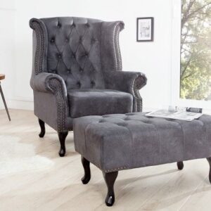 Elegante Chesterfield voetenbank antiekgrijs met knoopstiksel en klinknagels - 37474