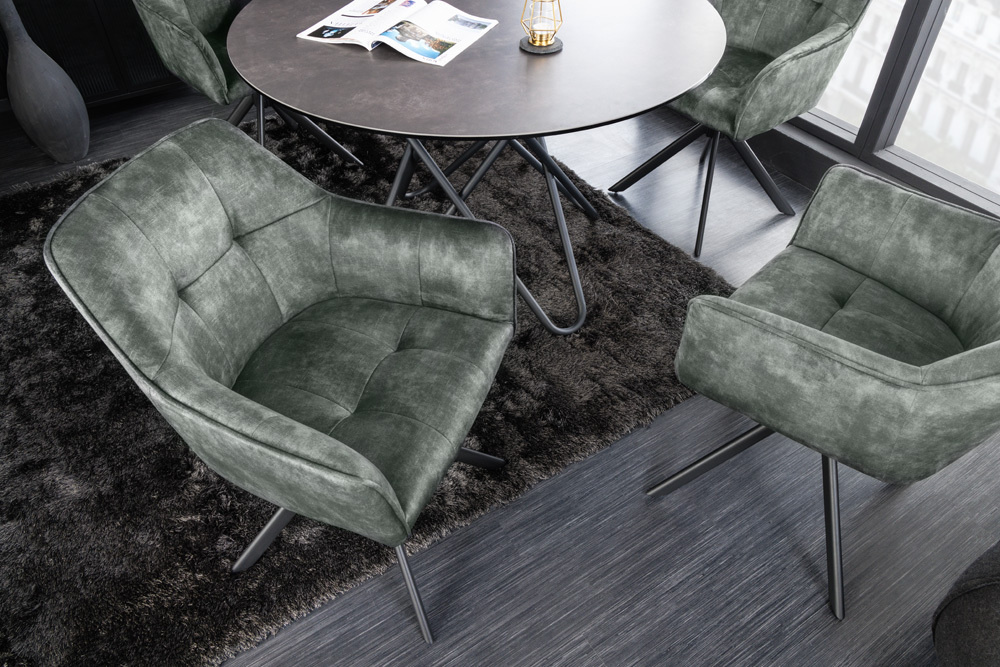 Design stoel LOFT groen fluweel draaibaar metalen frame zwart met armleuning - 42393
