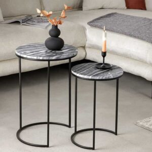 Design bijzettafel set van 2 ELEMENTS 40cm grijs marmer zwart frame rond - 41555