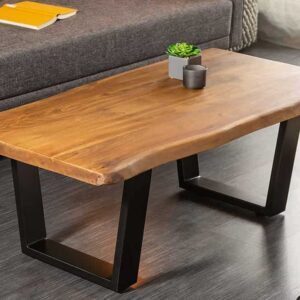 Massief houten boomstam salontafel MAMMUT 110 cm acacia zwart metalen frame 3,5 cm tafelblad - 40014