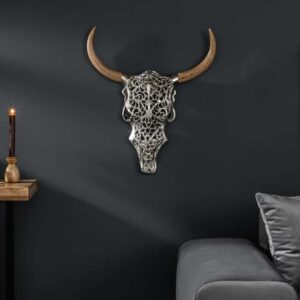Extravagante wanddecoratie EXOTIC BULL 57cm zilveren mangohouten stierenkop - 39091