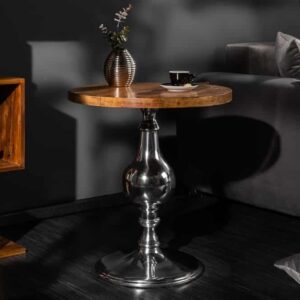 Design bijzettafel EXTRAVAGANCIA 50cm massief mangohout ronde metalen kolomvoet zilver - 39090