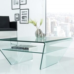 Moderne glazen salontafel FANTOME 70cm trapeziumvormig met transparante plank - 39054
