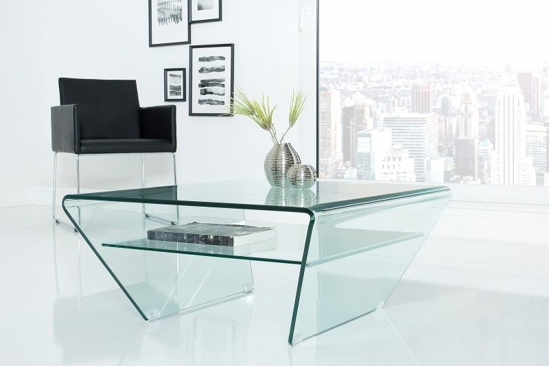 Moderne glazen salontafel FANTOME 70cm trapeziumvormig met transparante plank - 39054
