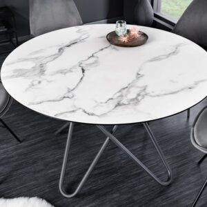 Ronde eettafel ELLIPSE 120cm marmer witte keramische haarspeldpoten gemaakt in Italie - 42369
