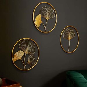 Elegante wanddecoratie set van 3 GINKGO 40cm goud in filigrane bladvorm - 41273