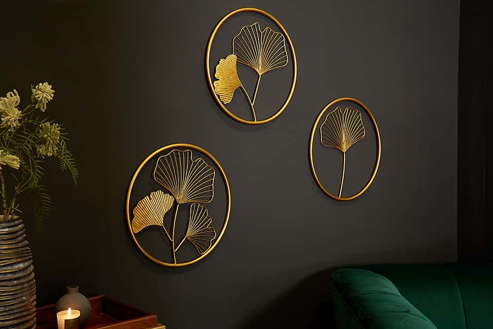 Elegante wanddecoratie set van 3 GINKGO 40cm goud in filigrane bladvorm - 41273