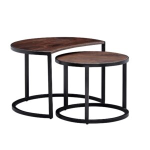 salontafel set van 2 Mango massief houten / metalen salontafel rond | Industriële bijzettafel met metalen poten zwart | 2-delige placemat bijzettafel van hout - WL6.339