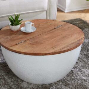 Ronde salontafel ORIENT STORAGE 60cm wit acaciahout met opbergruimte handgemaakt gehamerd - 40108