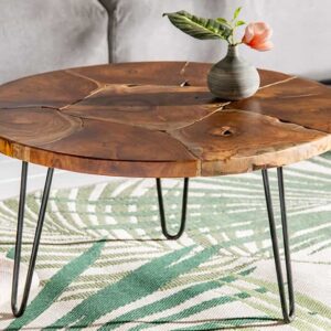 Ronde massief houten salontafel MOSAIK 70cm natuurlijk teakhout haarspeldpoten zwart metaal handgemaakt - 39540