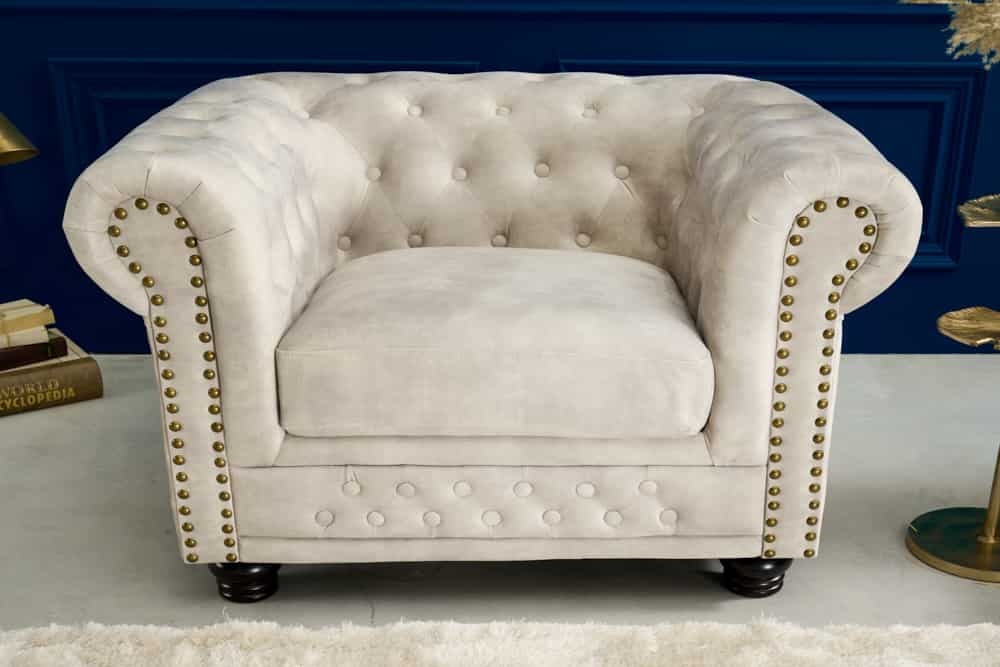 Chesterfield fauteuil 110cm fluweel champagne met knoopstiksel en veerkern - 42312