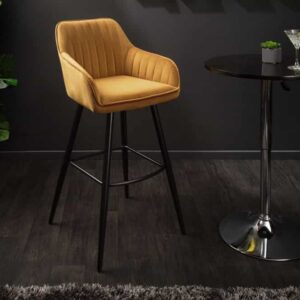 Elegante barkruk TURIN mosterdgeel fluweel met decoratieve doorgestikte barstoel met armleuning - 40437
