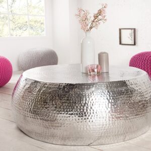 Ronde salontafel ORIENT 80cm zilver metaal aluminium gehamerd ontwerp handgemaakt - 38396