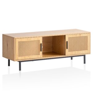 Lowboard eiken decor met Weens vlechtwerk 120x45,5x40 cm TV-meubel tijdloos met schuifdeuren, design TV-kast hoog, TV-tafel TV-kast, TV-kast woonkamer rotan - WL6.832