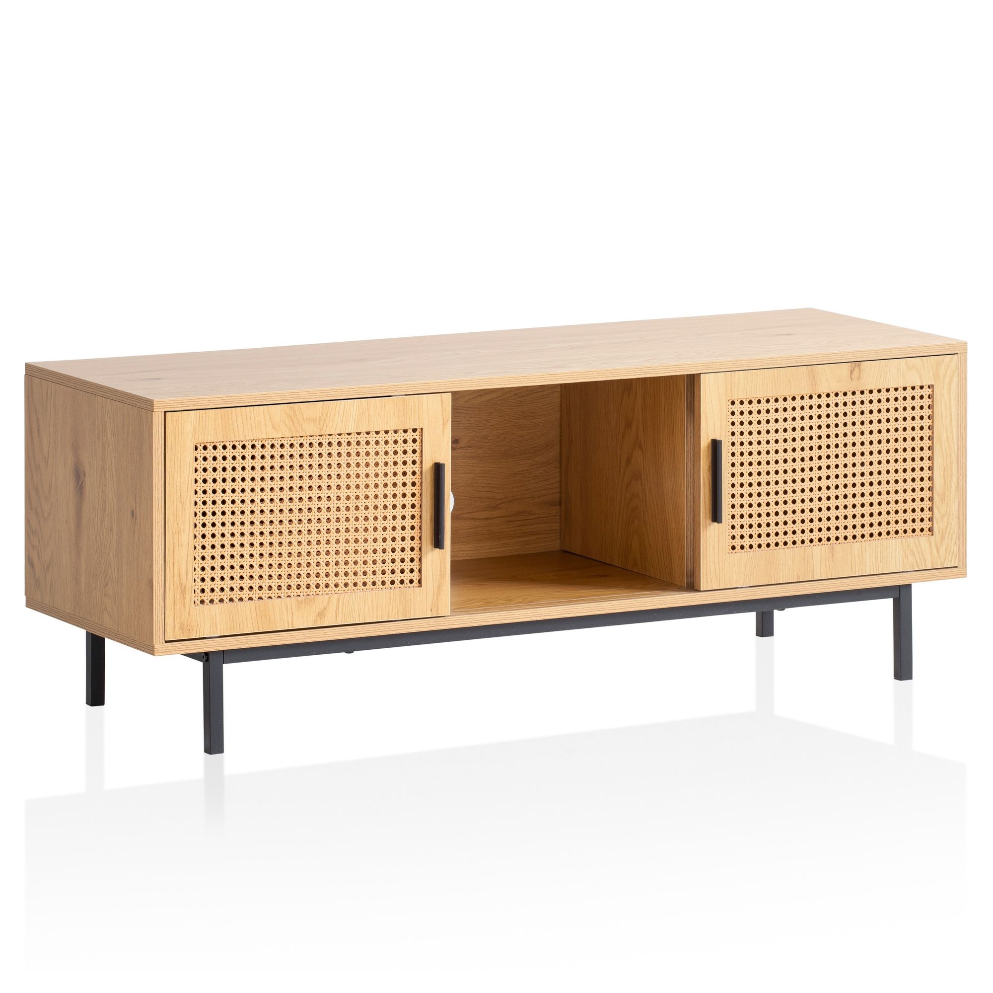 Lowboard eiken decor met Weens vlechtwerk 120x45,5x40 cm TV-meubel tijdloos met schuifdeuren, design TV-kast hoog, TV-tafel TV-kast, TV-kast woonkamer rotan - WL6.832