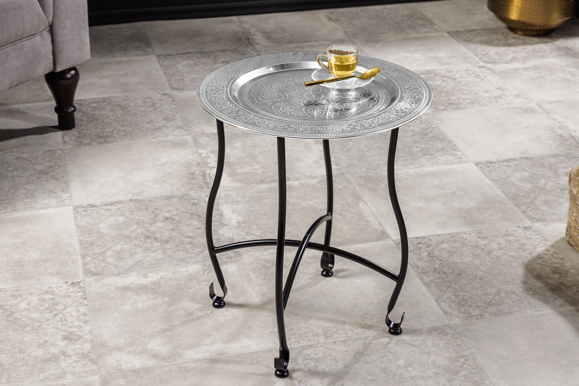 Ronde Bijzettafel MARRAKECH 50cm Zilveren Theetafel Uitneembaar Dienblad Opvouwbaar - 44347