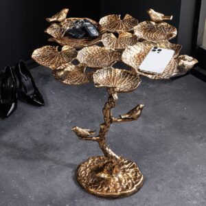 Bijzettafel voor binnen en buiten VOGELS 65 cm antiek messing bladontwerp weerbestendige vogelsculptuur - 44846