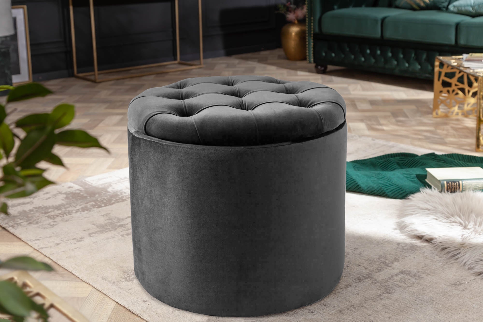 Ronde kruk MODERN BAROK 50cm Grijs Fluweel met opbergruimte - 44747