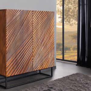 Massief Highboard ART 120cm Bruin Mango Hout 3D Design Zwart Metaal - 45304