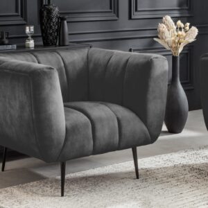 Retro fauteuil NOBLESSE 105cm grijs fluweel zwart metalen poten lente kern decoratief stiksel - 44540