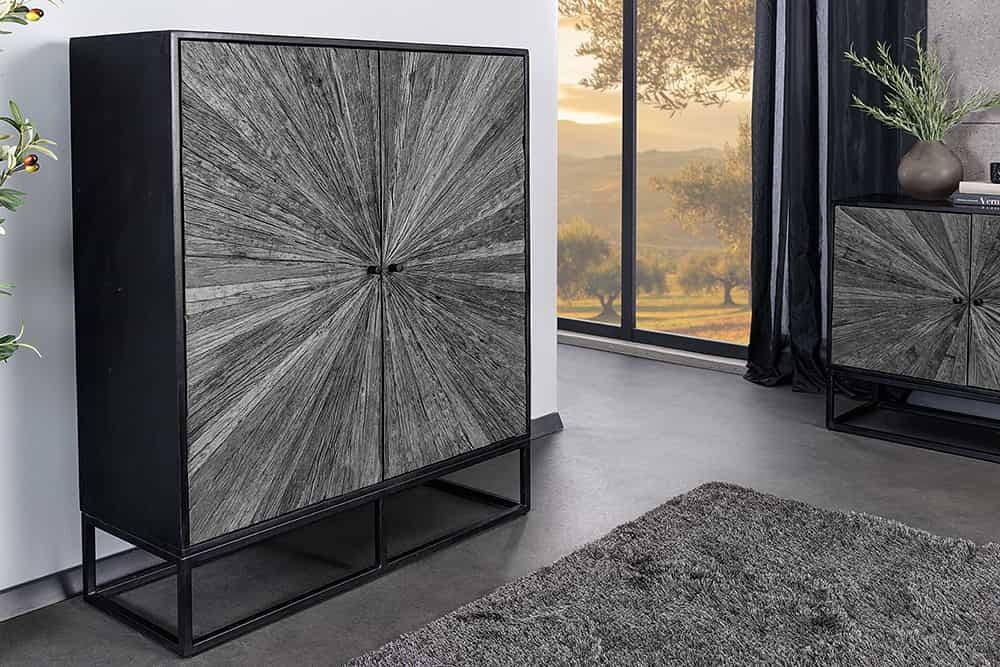 Massief dressoir BARRACUDA 120cm Grijs Mangohout met Teakhouten Voorkant Zwart Metaal - 44988