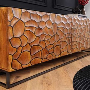 Massief houten dressoir VULCANO 180cm bruin mangohout met 3D houtsnijwerk handgemaakt metalen frame zwart - 44651