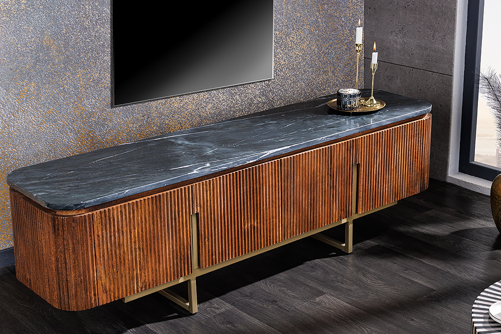 Design TV-bord GATSBY 160 cm bruin goud mangohout marmer metalen frame - 43337