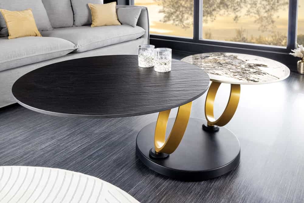 Design Salontafel DANCING RINGS Zwart Ronde Draaibaar Pandora Keramiek Zwart Metaal - 44317