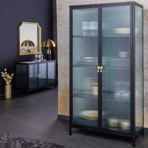 Moderne vitrinekast AMSTERDAM 160 cm zwart goud dammen glazen metalen highboard kast - 43533