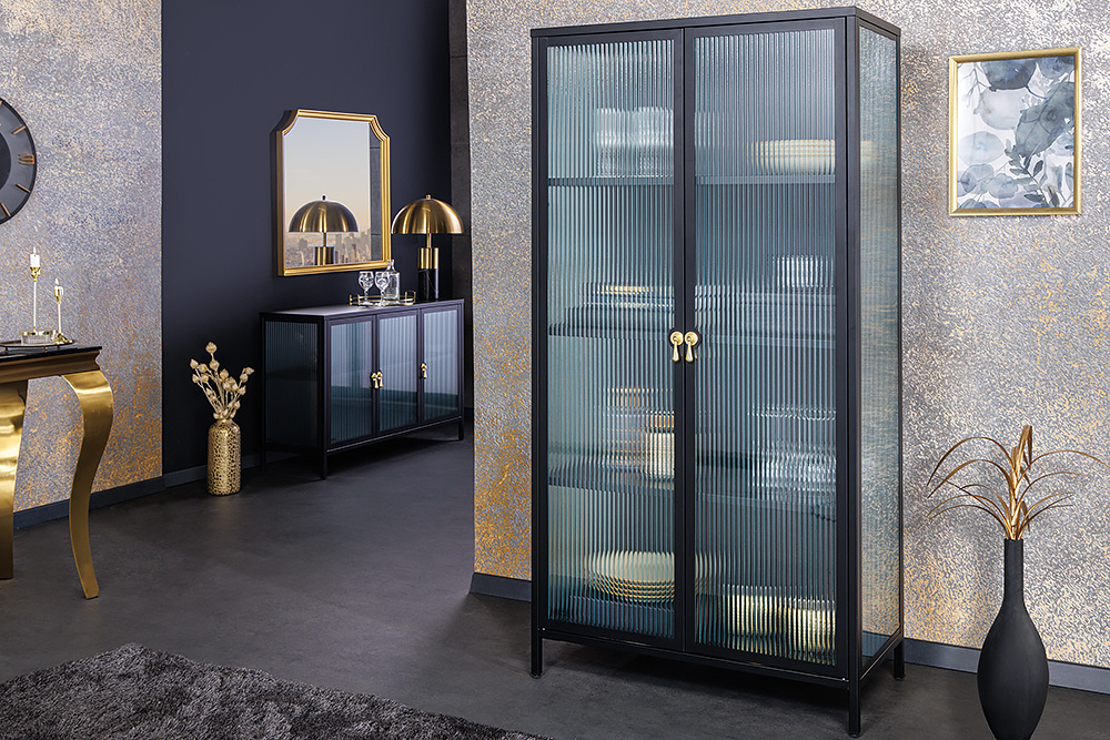 Moderne vitrinekast AMSTERDAM 160 cm zwart goud dammen glazen metalen highboard kast - 43533