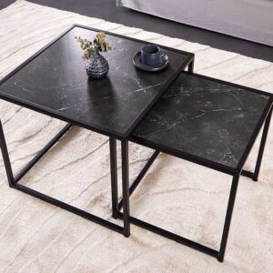 Set van 2 bijzettafels SLIM LINE 50cm antraciet zwart marmeren design salontafel met metalen frame - 44179