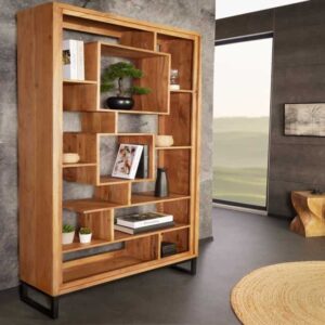 Massief houten boekenkast CUBUS 190 cm acaciahoningafwerking metalen poten zwarte staande plank - 43742