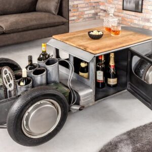 Vintage salontafel HOT ROD 160cm staal mangohout bartafel flessenhouder massief - 43602