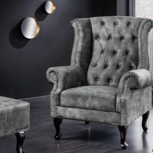 Design vleugelfauteuil CHESTERFIELD 105cm grijs fluweel zilver klinknagels veerkern - 43520
