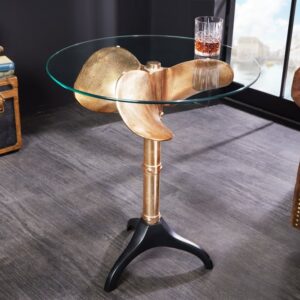 Handgemaakte bijzettafel OCEAN 75cm goud zwart glazen blad metaal maritiem rond - 42725