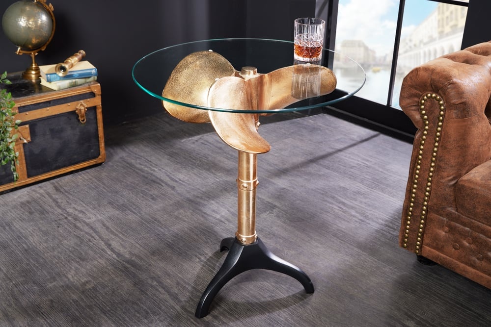 Handgemaakte bijzettafel OCEAN 75cm goud zwart glazen blad metaal maritiem rond - 42725