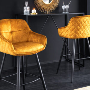 Design barkruk EUPHORIA mosterdgeel fluweel zwart metalen poten barstoel met rugleuning - 43687