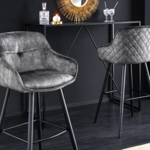 Design barkruk EUPHORIA grijs fluweel zwart metalen poten barstoel met rugleuning - 43690