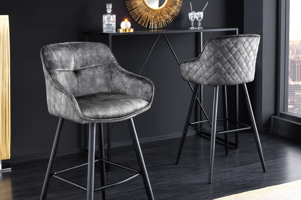 Design barkruk EUPHORIA grijs fluweel zwart metalen poten barstoel met rugleuning - 43690