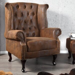 Chesterfield fauteuil 85cm antiek bruin met knoopstiksel en veerkern - 19448