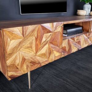 Massives TV-Board ALPINE 160cm Sheesham steenafwerking Metall mat goud - 43448