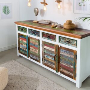 Uniek dressoir JAKARTA 160cm mangowit kleurrijk gerecycled massief hout van vissersboten - 42145