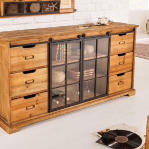 Massief dressoir HERITAGE 148 cm naturel grenen industrieele deuren metalen vitrinekast - 40881