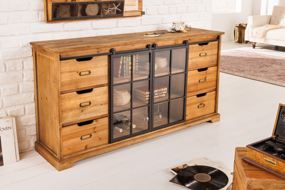 Massief dressoir HERITAGE 148 cm naturel grenen industrieele deuren metalen vitrinekast - 40881