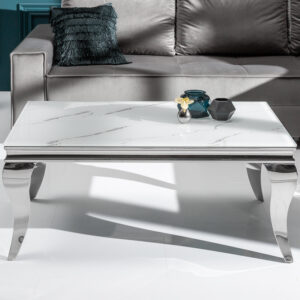 Elegante salontafel MODERN BAROQUE 100cm glazen blad in marmerlook roestvrijstalen poten - 39998