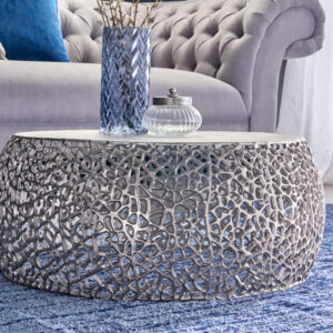 Ronde salontafel ABSTRACT BLAD 75cm antiek zilver metaal filigraan handgemaakt - 43229